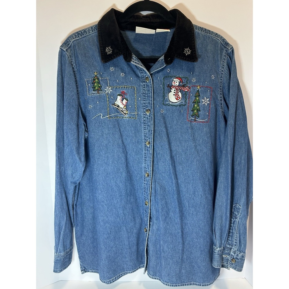 Basic Editions Blue Denim Button Down Shirt with … - image 1